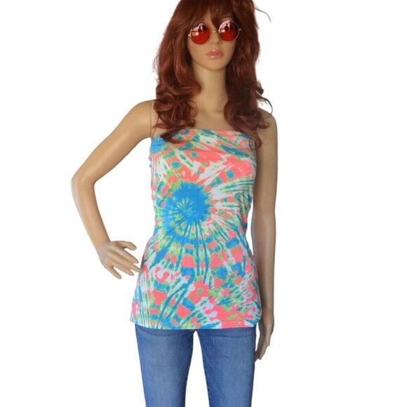 Y2K No Boundaries Tie Dye Tube Top Blue Pink Green Women Juniors Size XL 15/17 - Picture 1 of 6